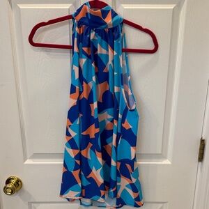 Sleeveless High-Neck Geometric Print Blouse - Blue & Peach